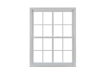 A white framed window with twelve panes against a plain white background in a studio setting