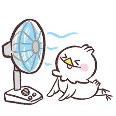 扇風機を使う白い鳥のイラスト