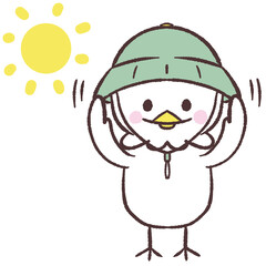 日差し除けに帽子をかぶる白い鳥のイラスト