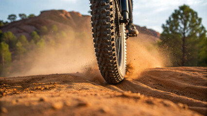 Mountain bike tire kicks up dust while skidding on dirt trail, showcasing thrill of outdoor adventure