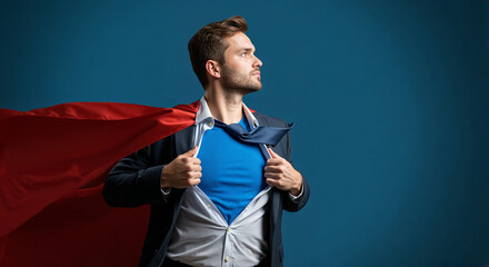 Businessman acting as a superhero in a cape against blue background  