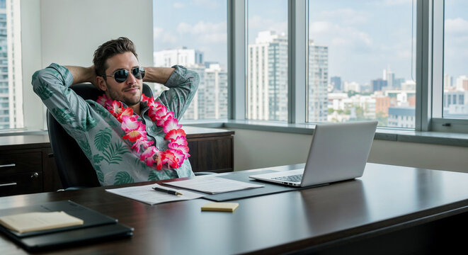 The office worker in the  sunglasses anf tropical floral garland ready for the vacations