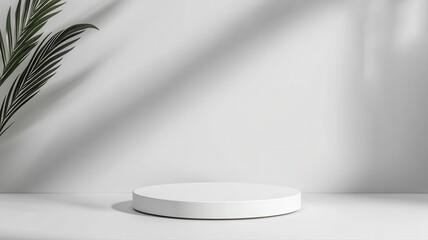 Minimalist Product Display: White Podium with Palm Leaf Shadow product display white podium showcase