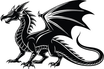 Standing Dragon Silhouette with Wings, Spikes, Tail, and Sharp Teeth Isolated