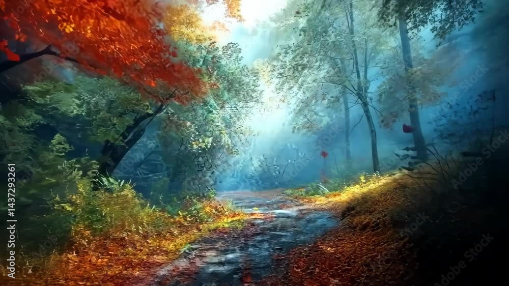 Poster autumn leaves in motion: a serene forest path transitioning from daybreak to dusk