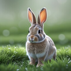 Obraz premium Curious Brown Bunny Sitting on Lawn