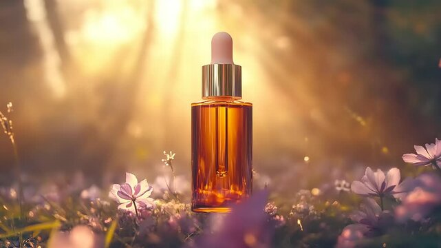 A golden essential oil dropper bottle surrounded by blooming flowers in a sunlit forest setting