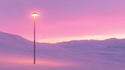 Gordijnen Pink And Purple Winter Sunset Landscape With Single Light Pole © salongok