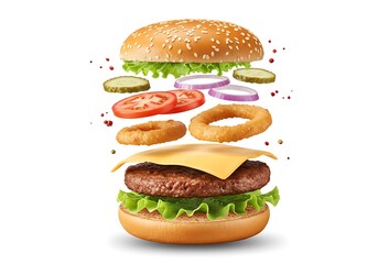 Exploded view of a burger with sesame bun, meat patty, and various toppings on a white background