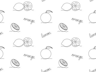 seamless pattern with fruits lemons and oranges. continuous single line art drawing sketch