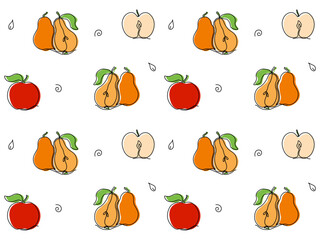 seamless pattern with fruits apples and pears. continuous single line art drawing sketch