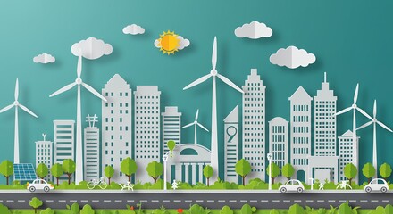 Eco Friendly Cityscape Sustainable Urban Design with Wind Turbines and Green Spaces   Ideal for Environmental Reports Sustainability Presentations and Green Technology Marketing