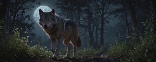 A wolf, its coat gleaming, sprints through dense undergrowth under a radiant full moon ,  canine,  underbrush,  wilderness
