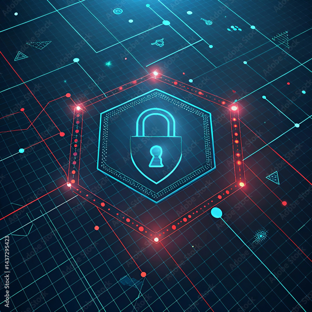 Poster cybersecurity lock grid abstract background showing digital protection