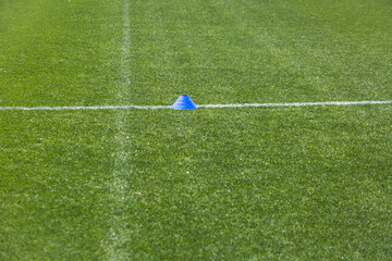 Blue cone, green grass and white lines on a sporting field