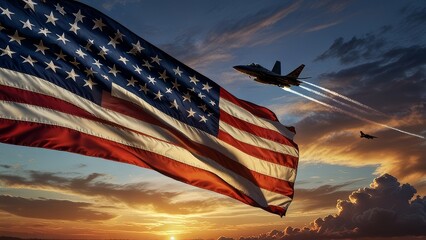 american flag  with fighter jets flying