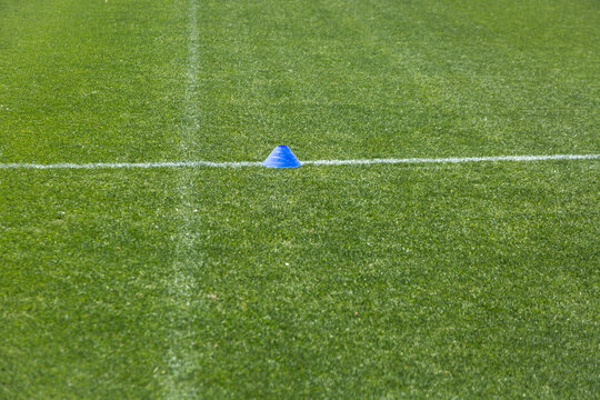 Blue cone, green grass and white lines on a sporting field