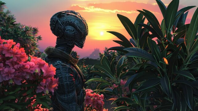 A solitary alien figure stands in contemplation among vibrant flora under a mystical, dusky sky. Futuristic Alien Contemplation