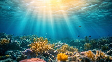 Obraz premium Sunbeams illuminate vibrant coral reef and diverse fish.