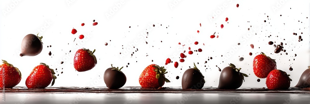 Poster chocolate dipped strawberries floating in mid-air, showcasing vibrant colors and textures against a 