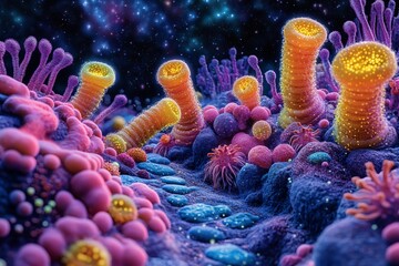 Stylized Artistic Visualization of Beneficial Gut Microbiota in Vibrant Forms