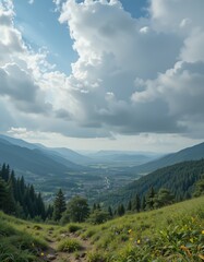 Obraz premium Scenic Valley View From Hillside with Clouds and Distant Mountains