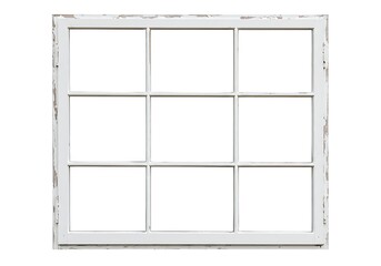 Isolated image of a white wooden window frame with nine panes and distressed paint finish on white