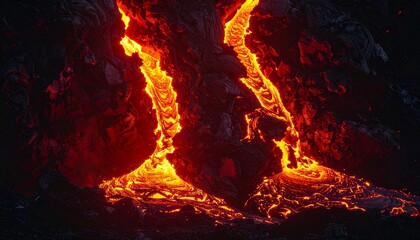 Volcanic eruption with molten lava flowing down jagged rock formations, illuminating the dark surroundings.