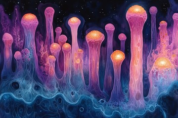 Vivid Watercolor Illustration of Algae Illuminated Under Microscope Light