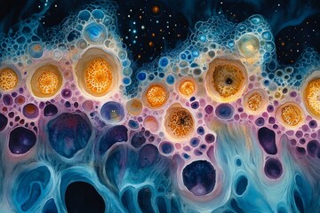Vivid Watercolor Illustration of Algae Illuminated Under Microscope Light