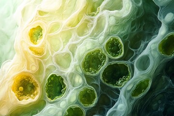 Vivid Watercolor Illustration of Algae Illuminated Under Microscope Light