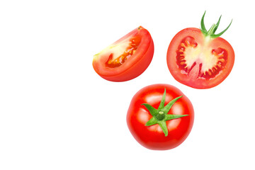 fresh red tomato with cut sliced isolated on white background. Top view. 