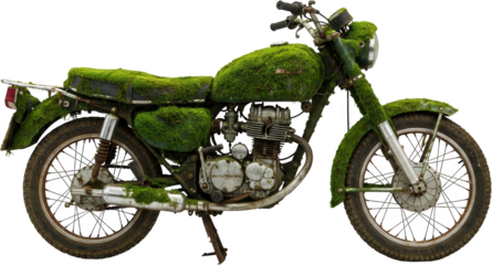 Abandoned Vintage Motorcycle Covered in Moss Rustic Green Nature Old Bike