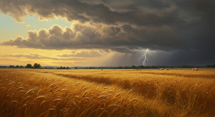 Golden Wheat Field Under Dramatic Stormy Sky Nature's Contrast