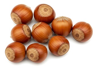 Fototapeta premium A close up view of a group of hazelnuts with shells scattered on a plain white background surface