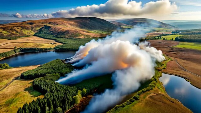 Aerial view of smoke rising from a controlled burn near a lake and forest