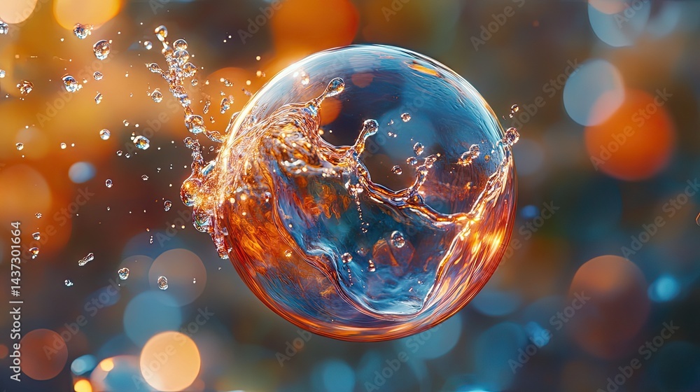 Poster bubble encapsulating a molecule in splashing water artwork