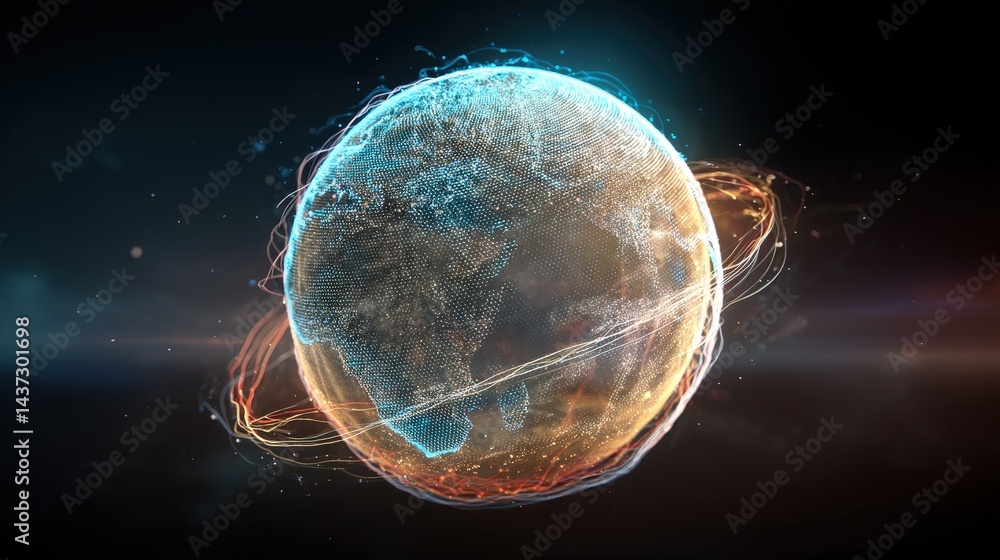 Poster Holographic globe with energy lines wrapping around it, symbolizing connectivity and advanced technology in a modern world