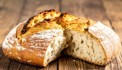 Naklejka premium Close-up of a crusty artisan sourdough bread loaf torn open, revealing airy texture