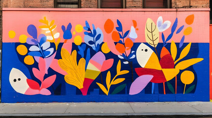 Colorful botanical mural adorning urban landscape, vivid abstract flora artwork