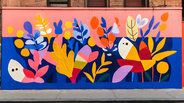 Colorful botanical mural adorning urban landscape, vivid abstract flora artwork