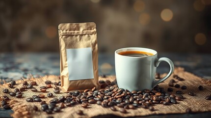 Coffee cup and bag on rustic surface with coffee beans
