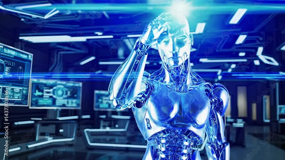 Aufkleber futuristic robot with glowing eyes in a high-tech lab, captured from a low-angle. sci-fi video conce