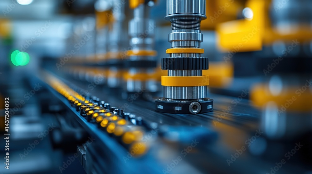 Aufkleber close-up view of precision machinery components in a modern industrial setting with blurred backgrou