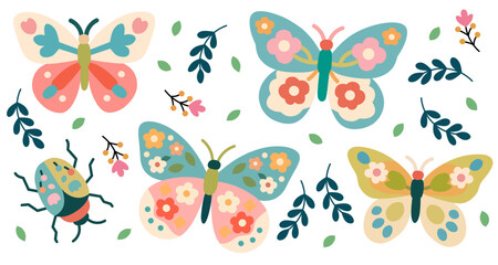 A playful collection of Spring Butterflies and Beetle Set with Floral Elements and branches designed in a flat, abstract style. Featuring soft pastel and vintage-inspired colors.