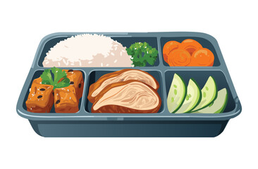 Teriyaki Chicken and Nuggets Bento Rice with Vegetables Dish - Vector Illustration
