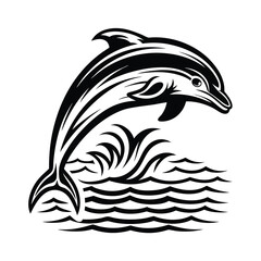 Stylized Dolphin Leaping from Waves, Monochrome Silhouette, Marine Animal
