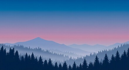 Obraz premium a serene, layered landscape in shades of blue and purple, depicting mountains, trees, and a misty valley under a twilight sky.
