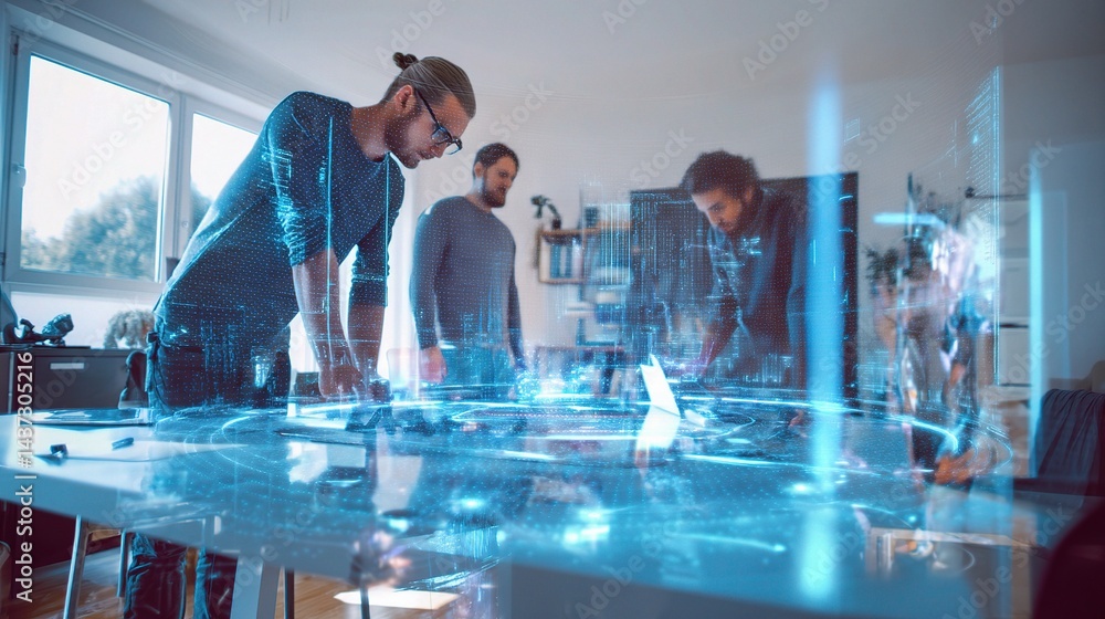 Poster futuristic workspace with hologram interface in modern design