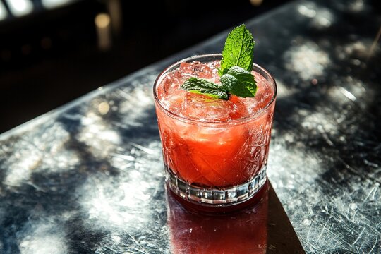 A chilled glass of watermelon juice, served over ice with a fresh mint leaf